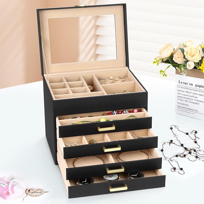 Kendal Jewelry Box, 5-Layer Jewelry Organizer Box with Glass Lid, Black, Heart Shaped PU Leather, Storage Box for Necklace Ea