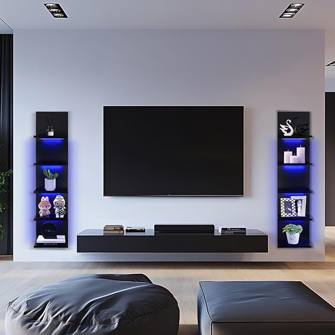 5 Tier Wall Shelf Unit, RGB Lack Shelf, Vanity Shelves with Light,Black Shelves for Room,Office,Bathroom,Remote Control