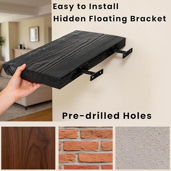 Solid Elm Wood Live Edge Floating Shelves, 48 Inch Black Rustic Wall Shelves with Hidden Heavy-Duty Brackets, Wall Mounted St