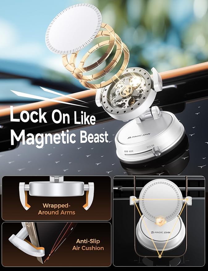 MAGIC JOHN Car Phone Holder for Magsafe [Ultra Magnetic & Clip arm] 360° Adjustable Car Phone Mount, Phone Holders for Your Car for iPhone 17 Pro Max 16 15 14 13 12 Air Plus Car Accessories, White ﻿