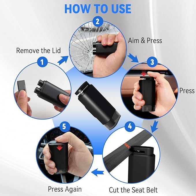 Upgraded Dual-Head Window Breaker Seatbelt Cutter, Car Safety Hammer 2-in-1 Emergency Escape Tool, Underwater Glass Breaker w