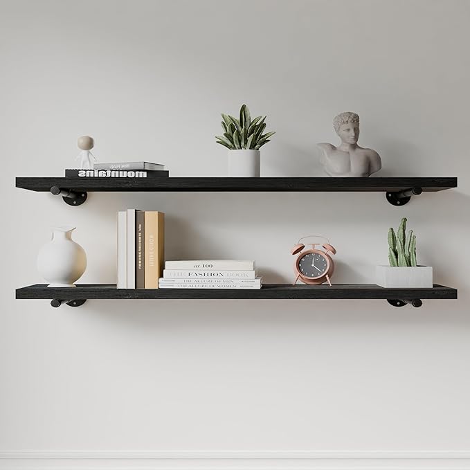 Industrial Pipe Wall Wood Shelves,Real Wooden Shelves 48" in Black Planks Color with 1.2" Extra Thickness, Modern Floating Sh