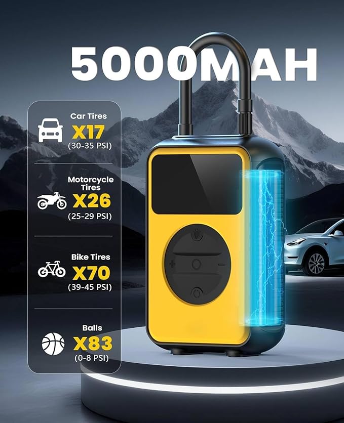Tire Inflator Portable Air Compressor Cordless with Pressure Gauge and Auto Shut-Off Function, 2-in-1 Air Pump - 150 PSI for Car Bike Tires & 4.0 kPa for Air Mattresses and Inflatables