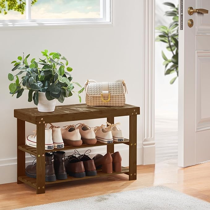 Pipishell Bamboo Shoe Rack Bench, 3 Tier Sturdy Shoe Bench, Storage Shoe Organizer, Holds up to 300lbs for Entryway Bedroom L