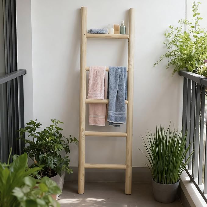 Wooden Blanket Ladder Natural & Motley Wood - Leaning Wall Decor for Bedroom, Bathroom, Living Room - Rustic Quilt Holder & T