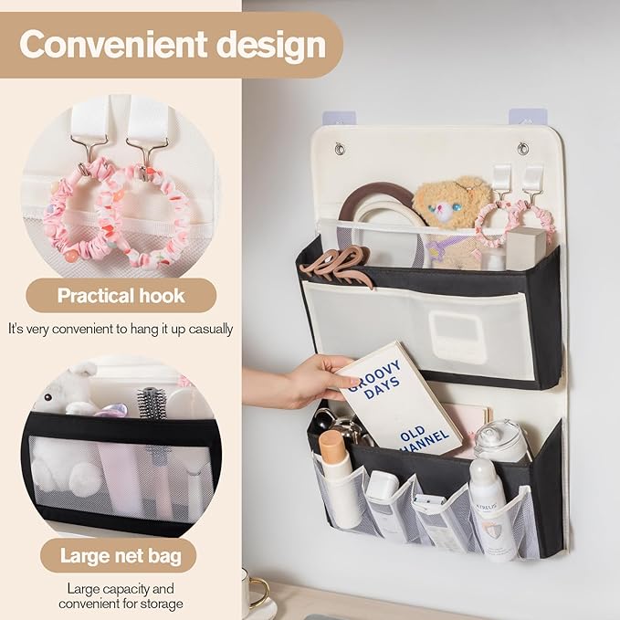 Over Door Storage Organizer, Multi-Pocket Hanging Organizer with Mesh Pockets, Wall Mount Storage Bags, Black and White (blac