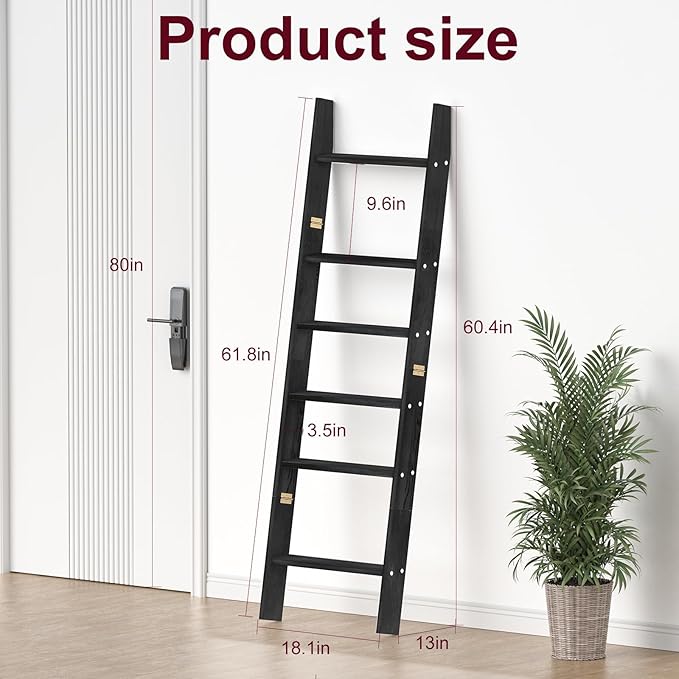 HONEST OUTFITTERS Blanket Ladders for The Living Room, 6-Tier Blanket Holder, Wall-Leaning Blanket Rack, Ladder Shelves, Wood