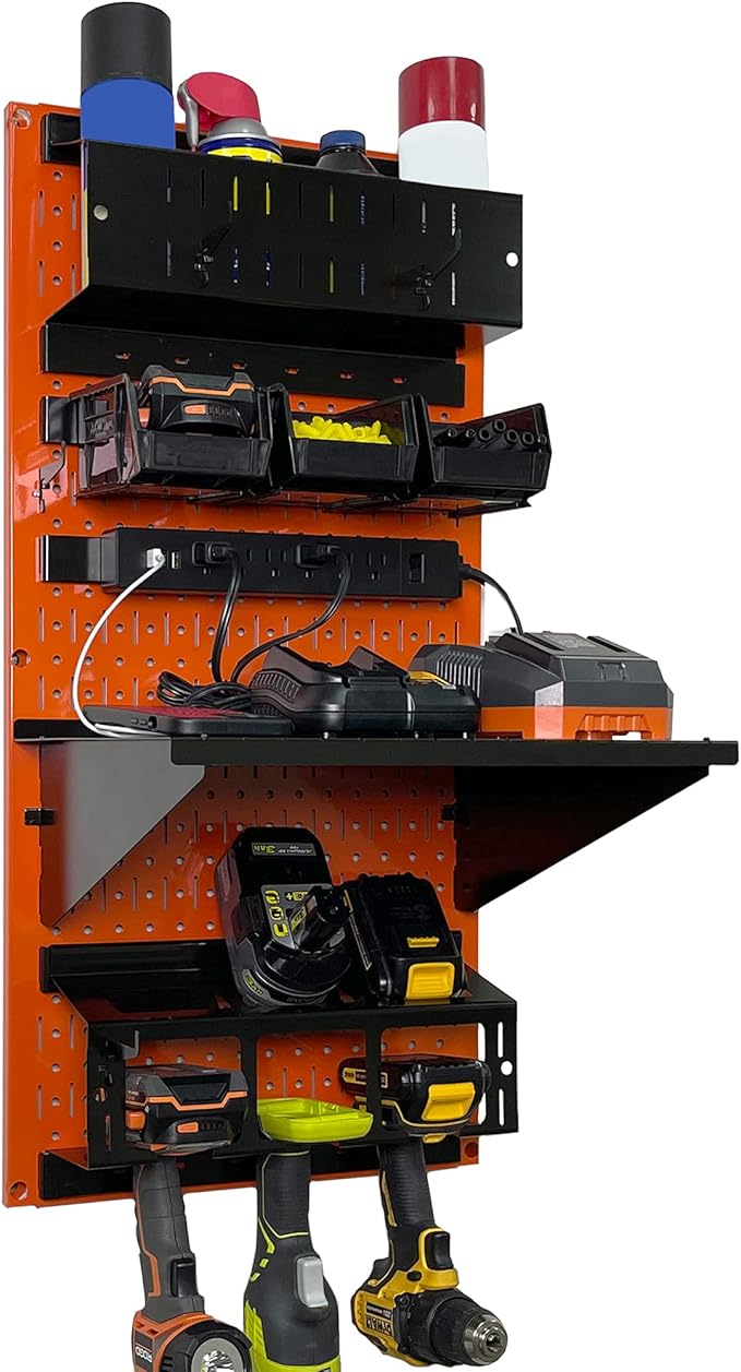 Wall Control Power Tool Storage Organizer Kit Cordless Drill Holder Charging Station Rack 16” x 32” Metal Pegboard Organizati