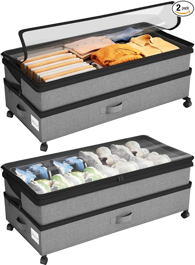 Kitstorack Under Bed Storage with Wheels 2Pack Height-adjustable Under Bed Storage Containers,Under Bed Shoe Storage Organize