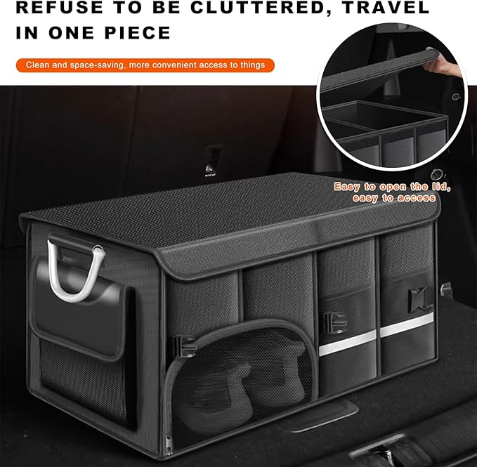 Car Trunk Organizer, 52L Collapsible Car Storage Waterproof Trunk Organizer with Lid & Handle, Multi Compartment Oxford Cargo
