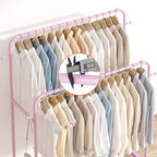 Laiensia Double Rods Garment Rack with Wheels, Clothing Rack for Hanging Clothes,4 Hooks, Multi-Functional Bedroom Clothes Ra