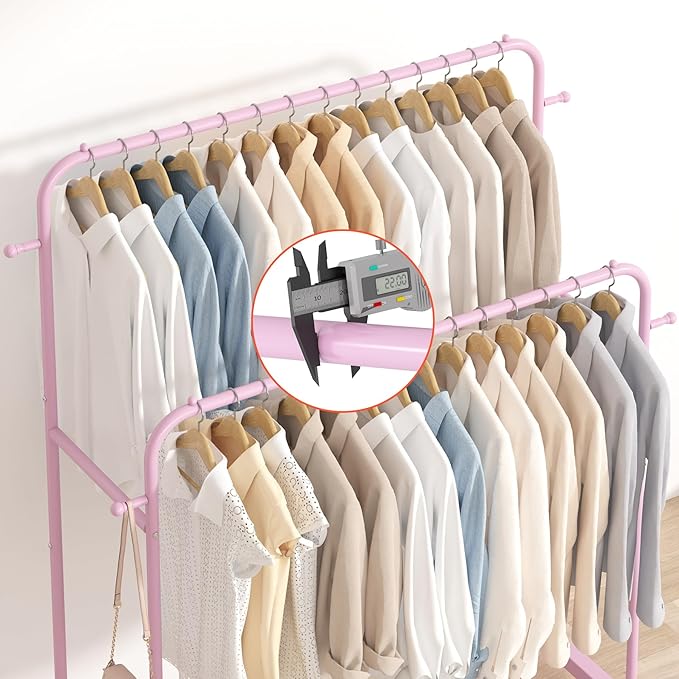 Laiensia Double Rods Garment Rack with Wheels, Clothing Rack for Hanging Clothes,4 Hooks, Multi-Functional Bedroom Clothes Ra
