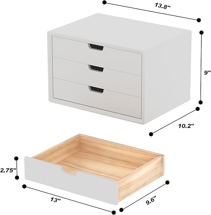 Desk Organizer with 3 Drawers, ALEX Drawer Unit, Chic White Wood Cosmetic Makeup Organizer for Office Vanity Tabletop Storage