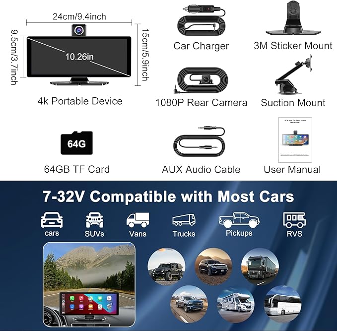 Carplay Screen for Car,10.26" HD Car Stereo for Apple Carplay & Android Auto -with Rotatable 4K Dash Cam & HD Backup Camera, 