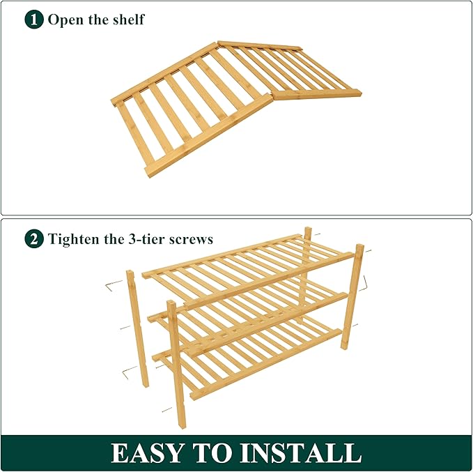 Smiry Bamboo Shoe Rack for Closet, 3 Tier Wooden Stackable Shoe Organizer, Free Standing Shoes Storage Shelf for Entryway, Fr
