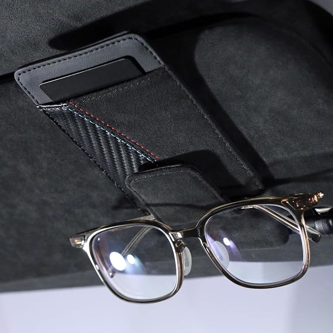 BETTERHUMZ Sunglasses Holder For Car Visor Compatible with BMW X1 X3 X4 1 2 3 5 Series for Alcantara Glasses Holders Cowhide Eyeglasses Card Case Clip Interior Accessories (with leather carbon)