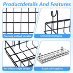 4 Pcs Wire Baskets Wall Grid Panel Hanging Wire Basket Hanging Wall Baskets No Drilling Wall Hanging Baskets Grid Wall Storag