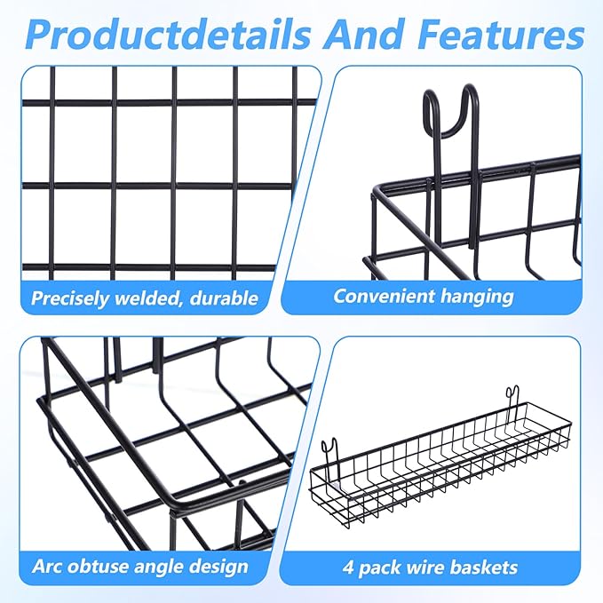 4 Pcs Wire Baskets Wall Grid Panel Hanging Wire Basket Hanging Wall Baskets No Drilling Wall Hanging Baskets Grid Wall Storag