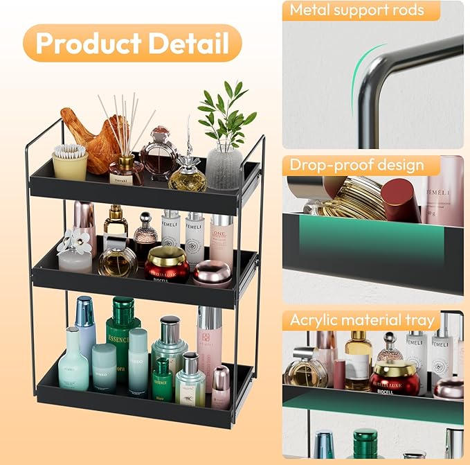 Bathroom Countertop Organizer, 3 Tier Metal Vanity Counter Skincare Shelf, Matte Black Under Sink Standing Rack With Acrylic 