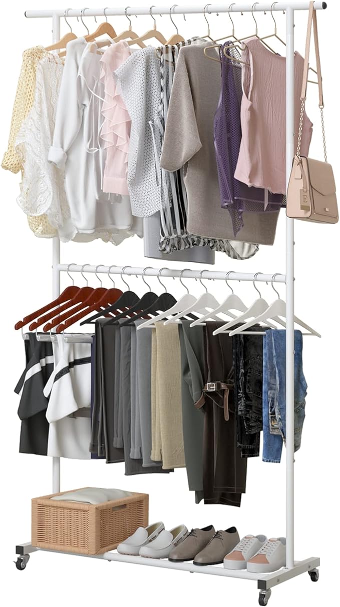 Sywhitta Double Rod Clothing Garment Rack, Rolling Clothes Organizer on Wheels for Hanging Clothes, Easy to Assemble, Adjusta