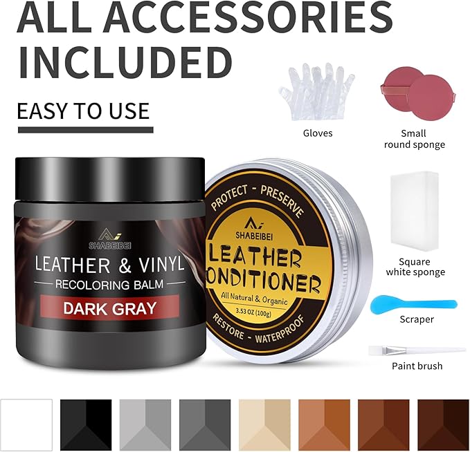 Leather Recoloring Balm with 100ml Mink Oil, Dark Gray Leather Repair Kit and Scratch Remover for Furniture, Car Seats, Sofas