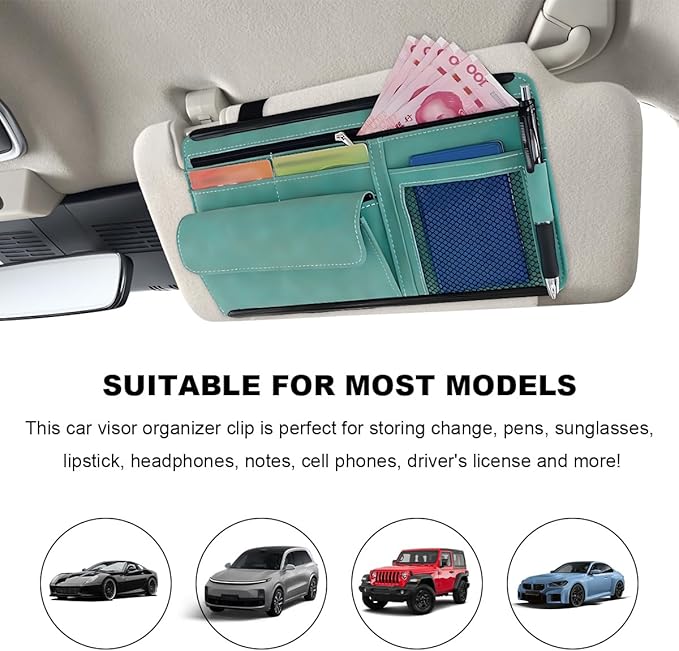 Car Sun Visor Organizer, Leather Sun Visor Pocket Organizer Case with Multi-Pocket Net Zipper, Suede Note Holder Car Visor Storage Pouch for Card Pen Sunglasses Document (Blue)