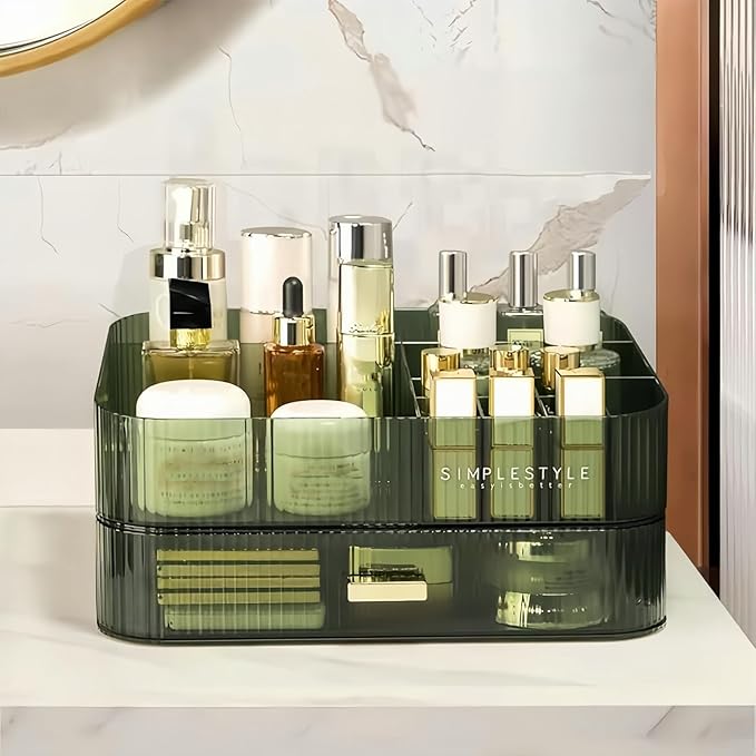 Makeup Organizer for Vanity, Large Desk Organizer with Stackable Drawer for Cosmetics, Skincare, Lipsticks, Eyeshadow Palette