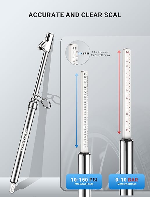 Dual Head Tire Pressure Gauge, Heavy Duty Extension Air Tire Gauge for Tire Pressure Range 10-150PSI 1-10BAR, Straight Foot Dual Head Chuck Auto Service Gage for Car,Semi Truck,RV,Motorcycle