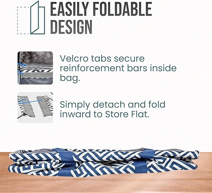 Extra Large Utility Tote Bag - Oversized Collapsible Reusable Wire Frame Rectangular Canvas Basket With Two Exterior Pockets For Beach, Pool, Laundry, Car Trunk, Storage - Geo Navy Blue