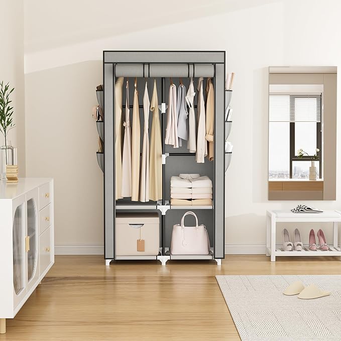 VTRIN Portable Closet Wardrobe for Hanging Clothes with 4 Storage Shelves, 2 Hanging Rods and 6 Pockets, Stable and Easy Asse