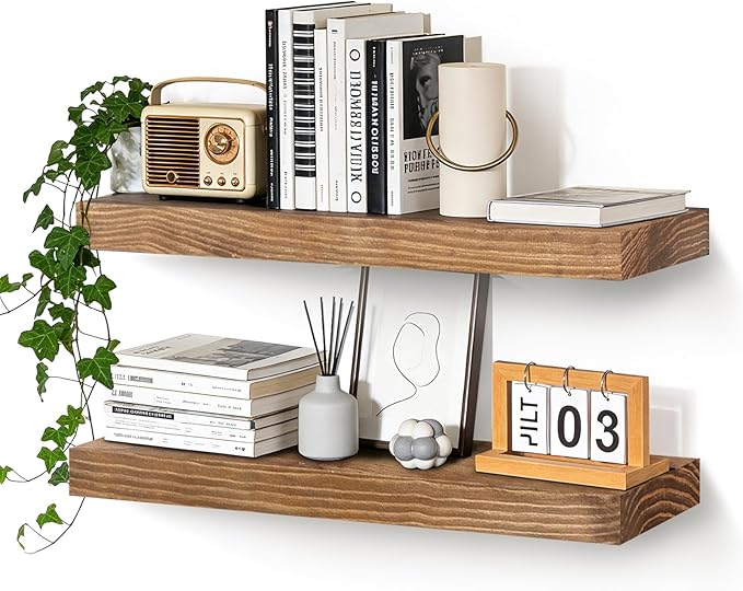 Floating Wall Shelves 24x6.8x1.7 Inch – Solid Wood Rustic Shelves in Dark Oak Finish – Wall Mounted Display Shelf for Bathroo