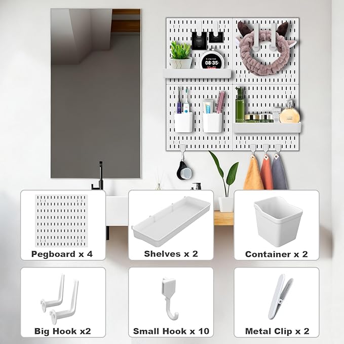 Wall Organizer Pegboard Kit, Wall Control Peg Board with 18 Pcs Accessories, 4 Pack Plastic Wall Mount Display Storage Panels