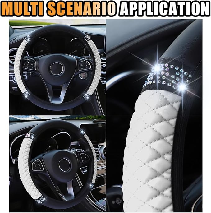 Bling Soft Leather Steering Wheel Cover, 15 Inch Colorful Rhinestones Auto Elastic Protector with Crystal Diamond for Women G