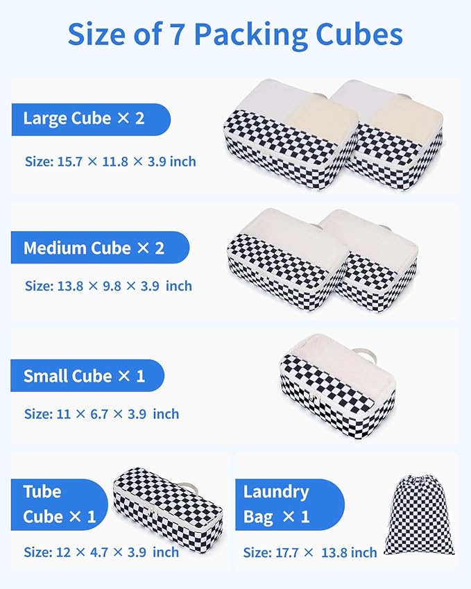Narwey 7 Set Checkered Packing Cubes for Travel Carry on Suitcase Luggage Organizer Bags for Kids Women Men, Durable Packing 