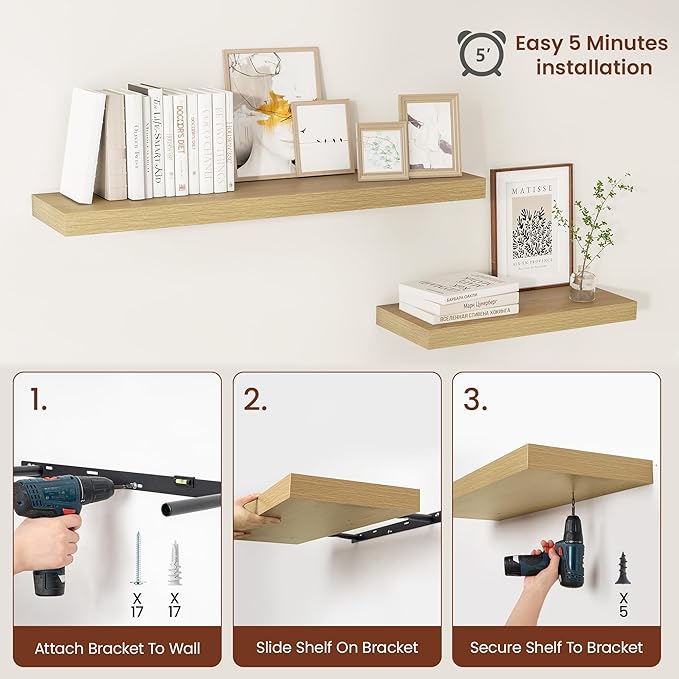Vivelove 12 Inch Deep Floating Shelves 47.2 inch Long, 2 Inch Thick Wall Shelves with Invisible Brackets, Shelf for Bedroom B