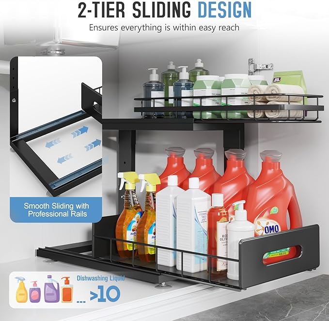 Under Sink Organizer Upgrade To Professional Rails,2-Tier Dual Pull Out Cabinet Storage,Height Adjustable Slide Out Drawers F