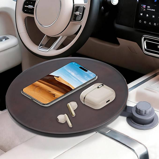 Wood Car Tray & Car Desk for Laptop, Compatible with Tesla Model Y/3/S, Ford F150/Explorer/Maverick & Most Vehicles, 360° Rotation, Waterproof, Car Food Tray, Car Accessories for Women & Men