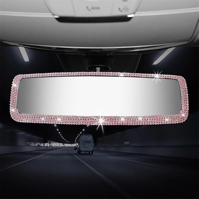 Bling Rhinestone Car Rear View Mirror - Crystal Diamond Decor for Women - Stylish Automotive Interior Accessory (Pink)