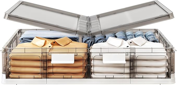 Kitstorack Clear Plastic Under Bed Storage Containers Bins with Lids and 8 Pre-installed Wheels,37.8 Qt, Rolling Foldable Fla