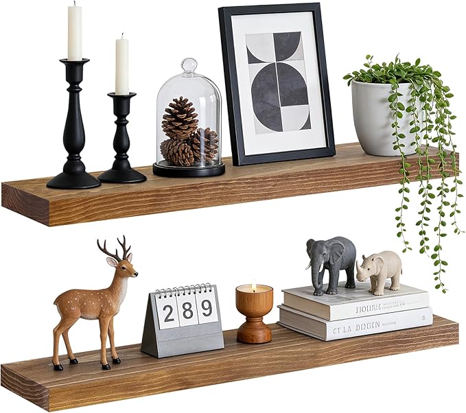 Floating Wall Shelves 30x6.8x1.7 Inch – Solid Wood Rustic Shelves in Dark Oak Finish – Wall Mounted Heavy Duty Display Shelf 