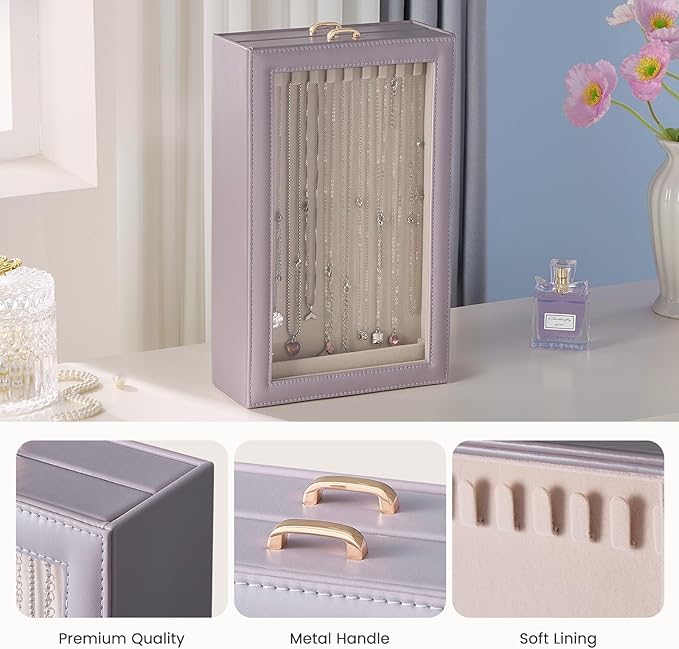 Lolalet Necklace Organizer Box, Jewelry Storage Box with Clear Window for Necklaces Bracelets, Tangle-Free Necklace Display C