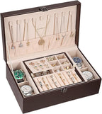 LANDICI Jewelry Box Organizer for Men Women, 2 Layer 4 Slot Watch Storage Case with Removable Tray, PU Leather Large Jeweller