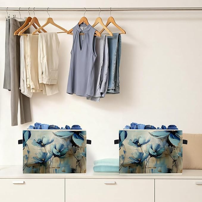 Abstract Blue Floral Storage Box Bins, Modern Impressionism Flower Botanical Collapsible Storage Basket Organizer for Bedroom