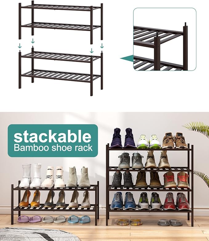 viewcare 2-Tier Shoe Rack for Entryway, Bamboo Shoe Rack for Closet, Free Standing Shoe Racks for Indoor Outdoor, Stackable S