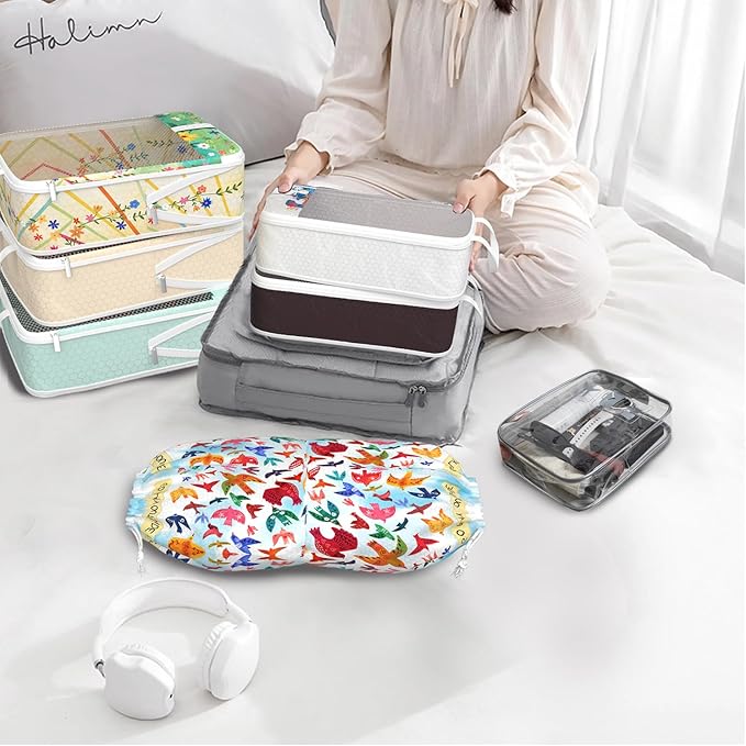 Compression Packing Cubes for Travel, 7 Set Natural Life Expandable Mesh Luggage Organizers, Waterproof Expandable/Compressio
