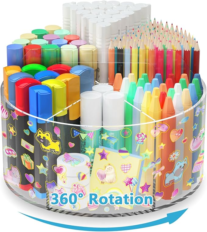 Acrylic Pen Holder with 2 Adhesive DIY Stickers, Desk Organizer Marker Holder with Cute Sticker, 360 Degree Office Supply Org