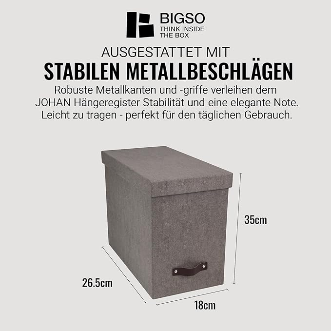 Bigso Box of Sweden File Organiser Storage with Stylish Leather Handle - Scandinavian Look Organiser Box Including 8 Hanging 