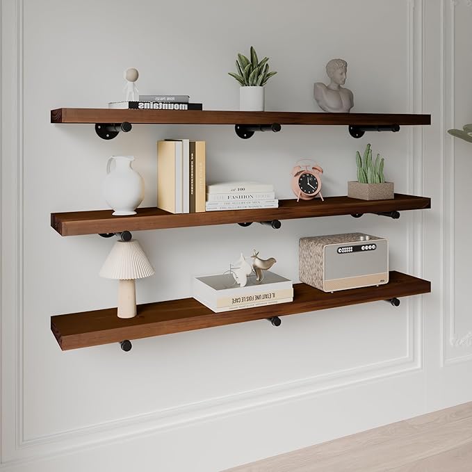 Industrial Pipe Wall Wood Shelves,Real Wooden Shelves 55" in Walnut Color with 1.2" Extra Thick, Modern Floating Shevles Book