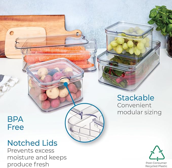 iDesign Crisp 4-Piece Recycled Plastic Refrigerator Organizer Bin Set with Lids, Clear/White