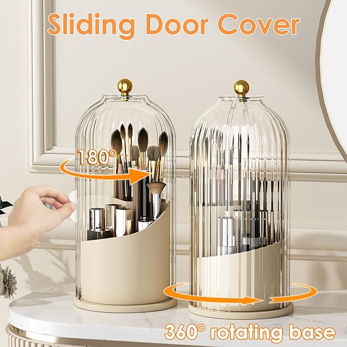 YOOLENS Makeup Brush Holder with Lid 360 Rotating Clear Dustproof Make Up Organizers for Vanity Bathroom Countertop, White Be